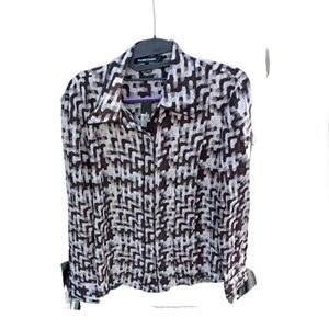 ELLEN TRACY BROWN AND  BEIGE 100% SILK SHIRT BLOUSE SIZE M